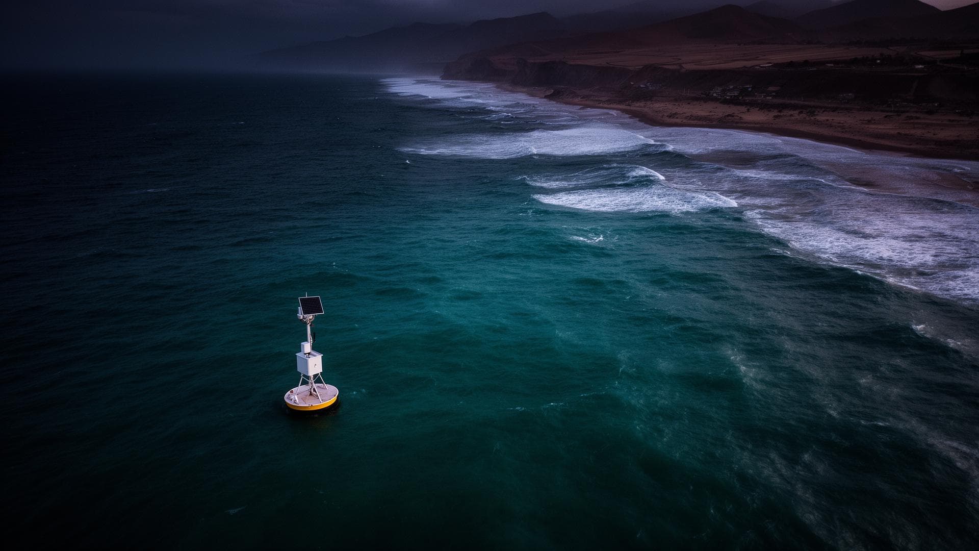 Peruvian Pacific coast with monitoring buoy at dusk